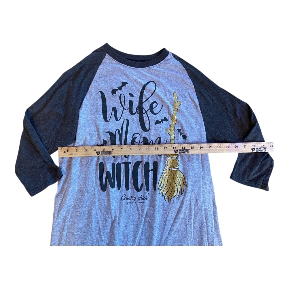Country Chick Wife Mom Witch Raglan Shirt Womens Medium Gray Gold Broom Graphic - Picture 6 of 8